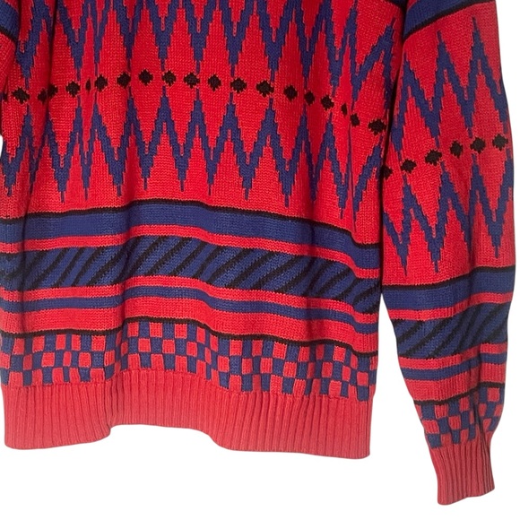 Vtg 80s Streetwear Mens L Knit Sweater Red Blue Purple Crewneck Geometric Print - Picture 3 of 11